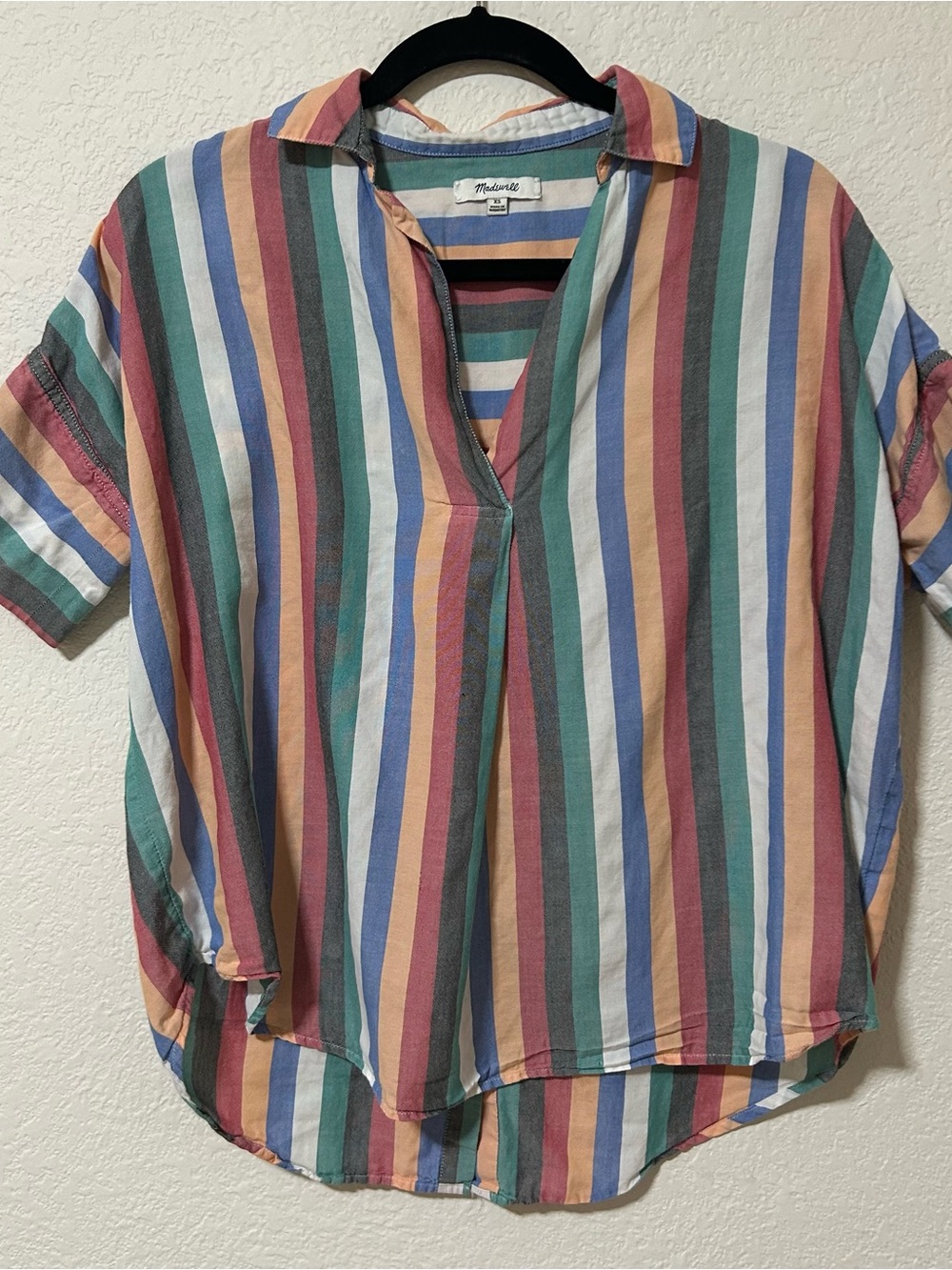 Madewell Multicolor Stripe V-Neck Short Sleeve Top - Green/Blue/Pink